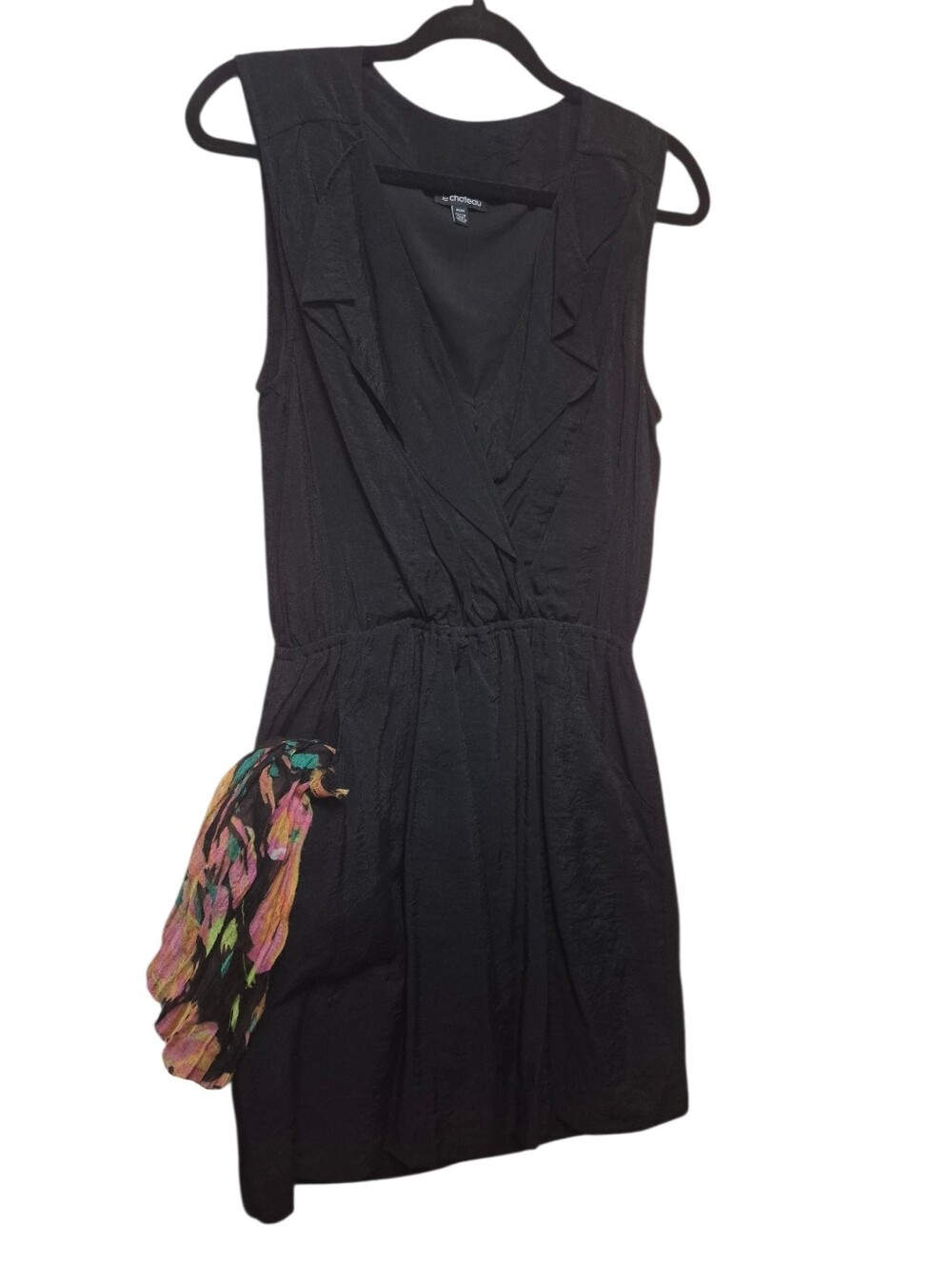 le chateau Black Sleeveless Faux-Wrap Mini Dress with Pockets